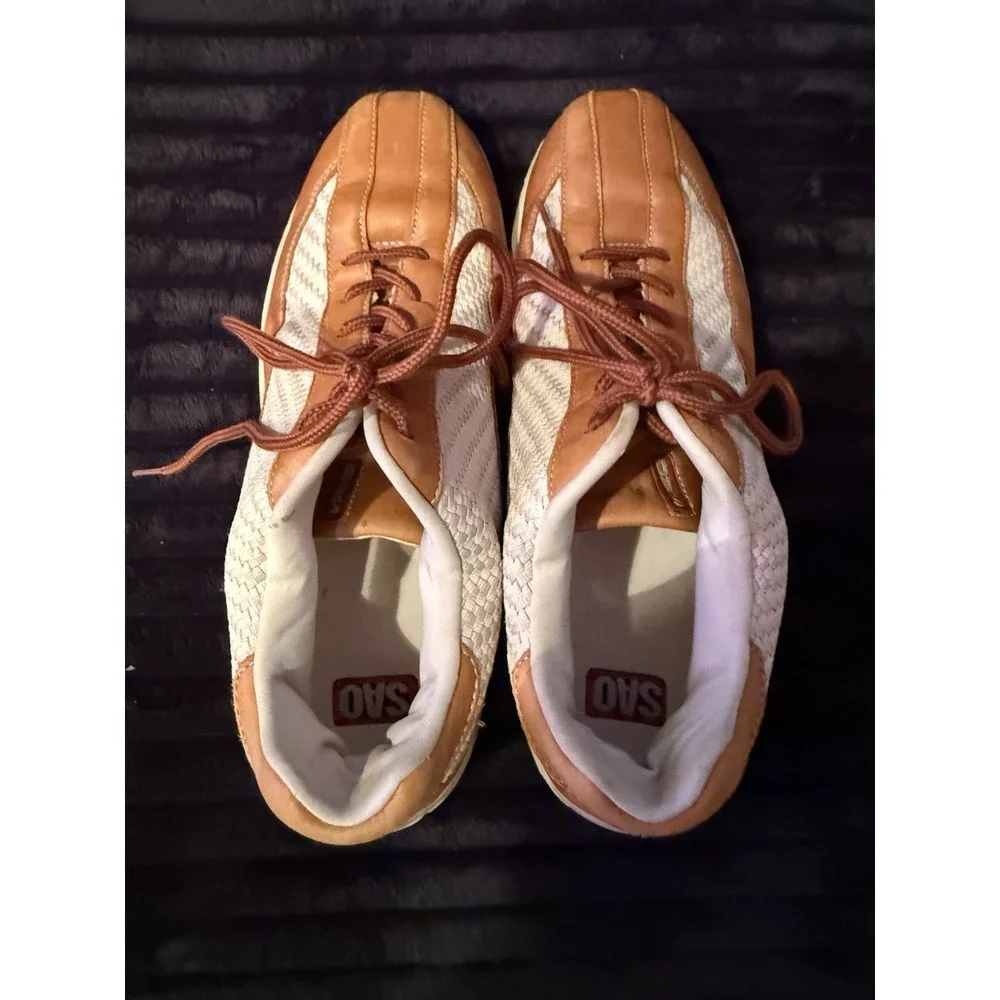 SAO Mens Size 12M Comfort Shoes Brown Beige Leather Sneakers Herringbone Pattern